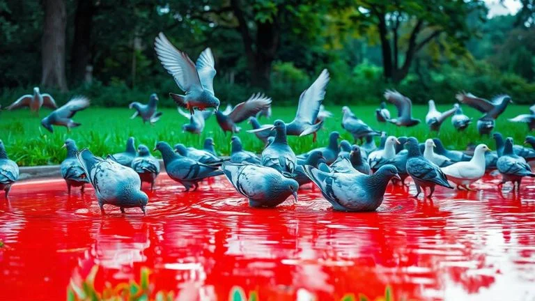 275 pigeons dive into a pond filled with red glue