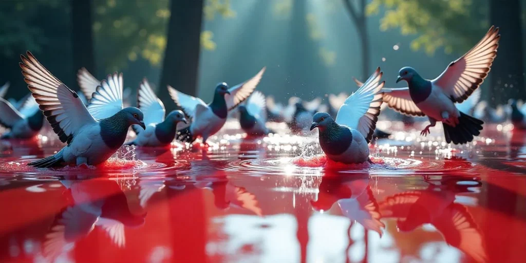 275 pigeons dive into a pond filled with red glue